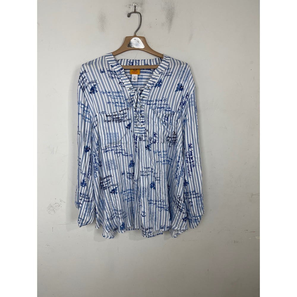 Ruby Rd Woman 2X Blue White‎ Striped Script Lace Up V-Neck Roll Tab Rayon Blouse